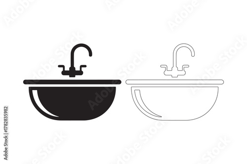 Black and white icons of a kitchen sink and faucet