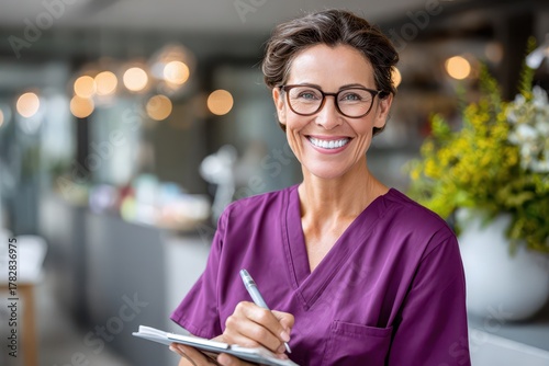 Smiling female medical professional wearing purple scrubs, taking notes.