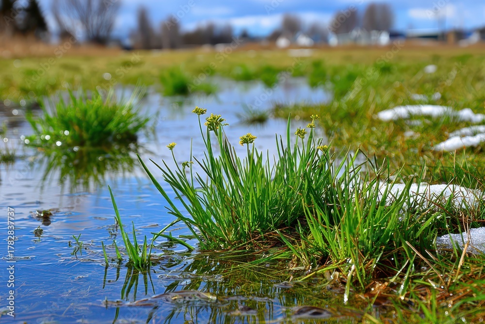 Obraz premium Lush green grass and yellow flowers in spring puddles with melting snow.