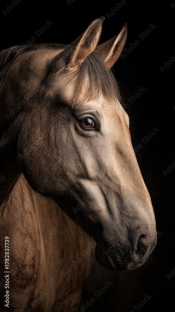 Fototapeta premium Majestic horse portrait showcasing detailed features and expressive eyes in dramatic lighting