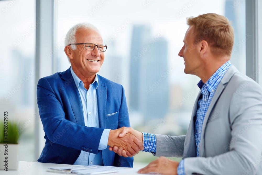 Fototapeta premium Smiling businessmen shaking hands, symbolizing successful partnership.