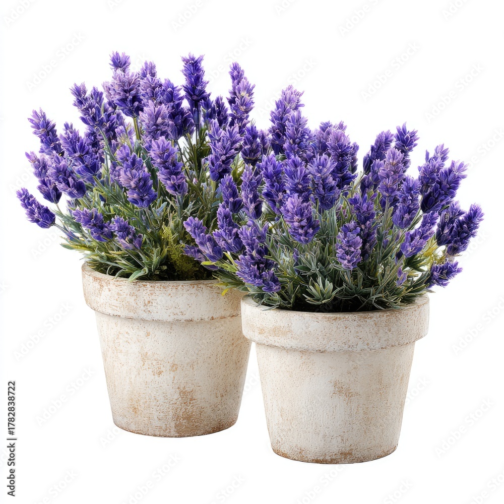 Fototapeta premium Two lavender plants in aged, small, ceramic pots