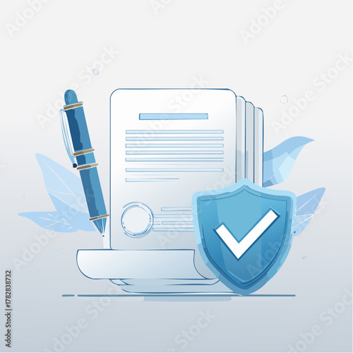 Layered Contract Document with Pen Shield and E signature Security Concept Illustration