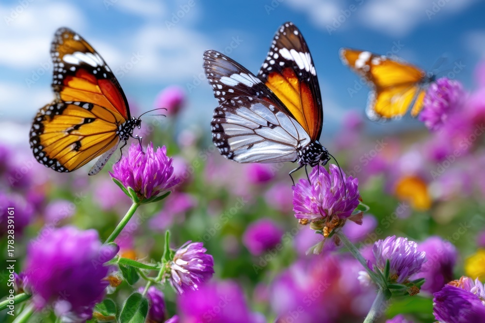 Obraz premium Colorful butterflies fluttering among vibrant flowers in a sunny meadow