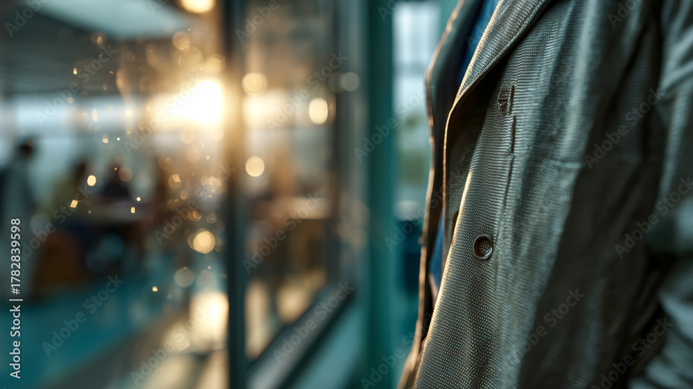 Fototapeta premium A sharp business attire, a tailored suit in a modern office space, backlit by the warmth of the setting sun. Executive elegance at its finest.