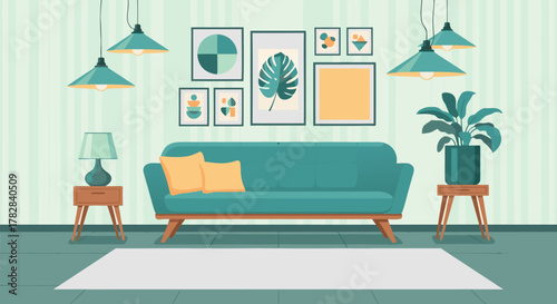 Cozy Living Room Interior Design with Sofa, Art, and Plants for Home Decor