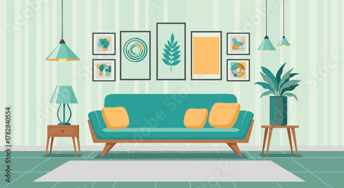 Contemporary Living Room Interior Design Vector Illustration with Cozy Sofa, Stylish Mid-Century Furniture, Green Plants, and Modern Wall Art for a Welcoming Home Ambiance