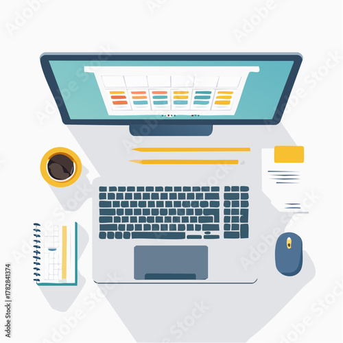 Top Down Minimalist Office Desk Scene with Computer Monitor Keyboard Mouse Notebook and Pencil