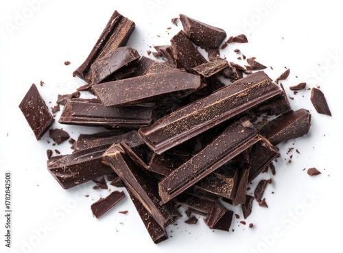 Dark chocolate shards piled on white