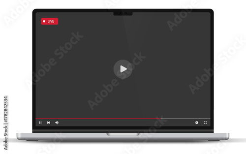 Video player interface isolated on white background. Video streaming template. Mockup live stream window, player. Online broadcasting. Social media concept.