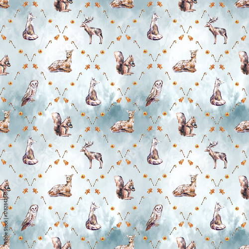 Watercolor Christmas seamless pattern with winter forest animals and festive treats. Features deer, fox, owl, squirrel, gingerbread cookies, dried oranges, and candy canes. 