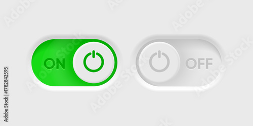 3d On and Off toggle switch icons. Switch toggle buttons ON OFF. Material design switch buttons set. Open and close ui icons. Active and Inactive icon. Stock Vector.