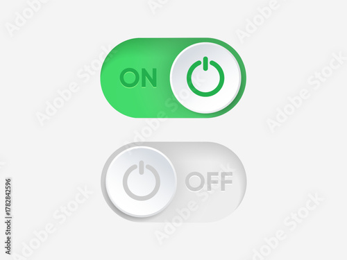 3d On and Off toggle switch icons. Switch toggle buttons ON OFF. Material design switch buttons set. Open and close ui icons. Active and Inactive icon. Stock Vector.