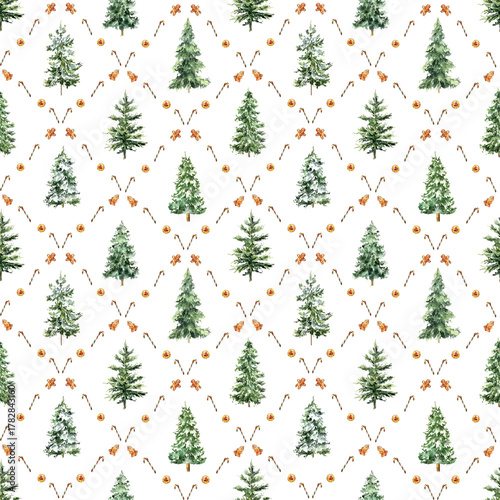 Watercolor seamless Christmas pattern with fir trees, gingerbread cookies, candy canes, and dried oranges. Perfect for holiday wrapping paper, textiles, wallpapers, and festive winter decor.