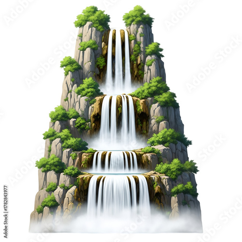 Majestic tiered waterfall cascading down rocky cliffs with lush greenery