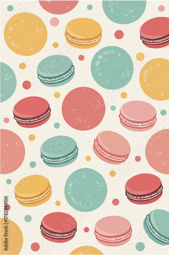 Delightful macaron pattern background for food blog or bakery branding, pastel colors evoke sweetness, perfect for dessert lovers and culinary designs