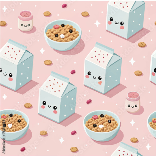 Adorable kawaii breakfast pattern design brings a playful, cheerful vibe to any project, a delightful touch for food-themed designs and kids' products