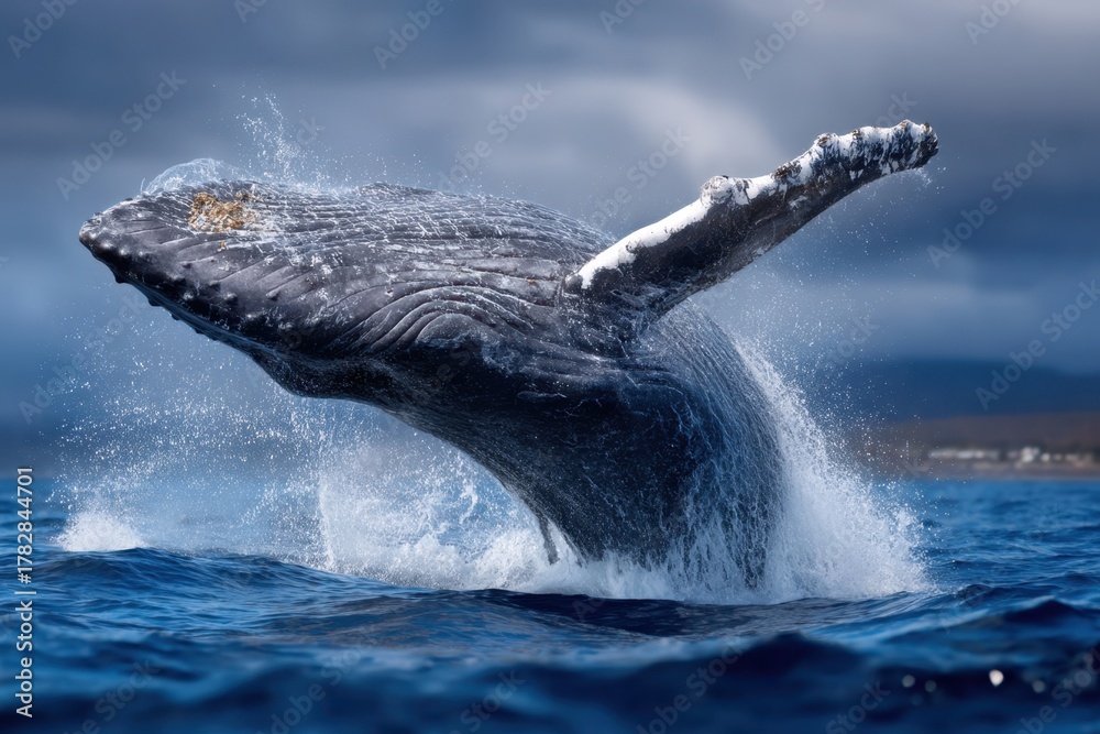 Obraz premium Majestic humpback whale breaching in the ocean during a sunny day near tropical coast
