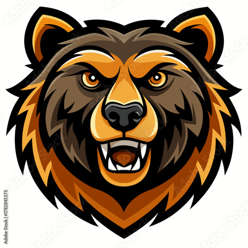 Fierce grizzly bear head mascot with open mouth and sharp teeth
