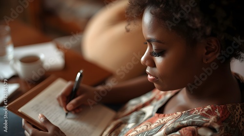 Close up partial portrait of black female author at home writing in journal