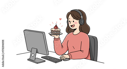 Woman with small cake at computer having a virtual party, a cute character for web graphics