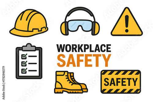 Workplace safety equipment and sign illustration for hazard prevention awareness.