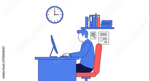 Man working at a desk with a computer and a clock on the wall