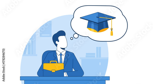 Business professional contemplating higher education and future career aspirations symbolized by a graduation cap in a thought bubble