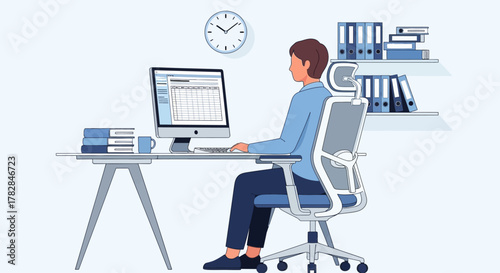 Man sitting at a desk and working on a computer in an office setting