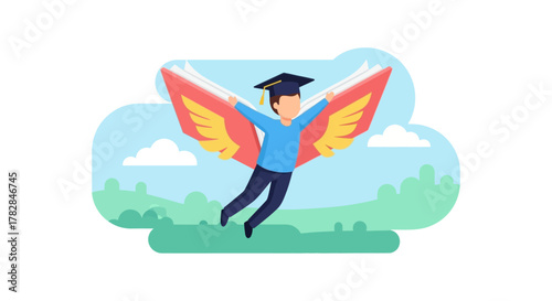 Student flying on open book with wings, symbolizing education and learning