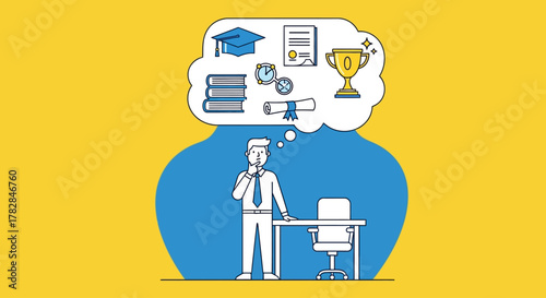 A student contemplates their future career aspirations and academic achievements, visualizing success with graduation cap, diploma, and trophies