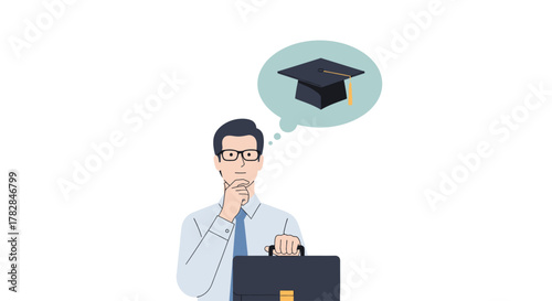 Businessman contemplating academic achievement and career advancement, symbolized by a graduation cap in a thought bubble