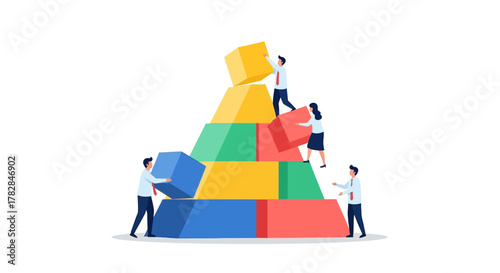 Teamwork and collaboration building a success pyramid with colorful blocks, symbolizing growth and achievement