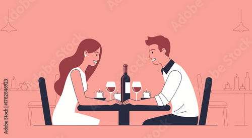 Romantic couple enjoying dinner with wine and candles at a table