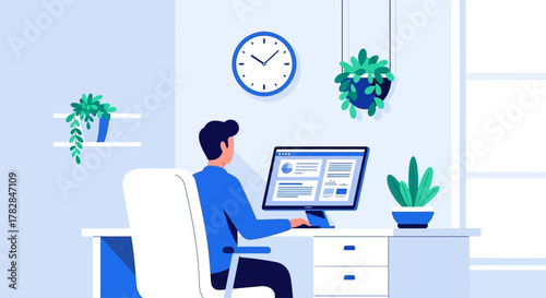 Man working on a computer at a desk in an office with plants and a clock on the wall
