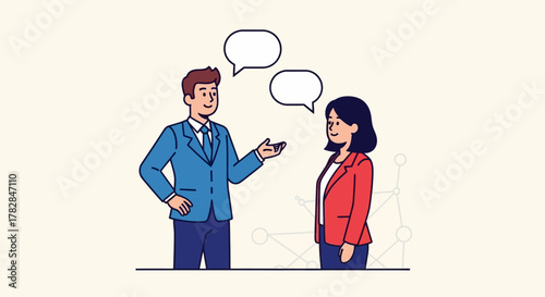 Business meeting illustration of two professionals in a discussion with speech bubbles above their heads, representing communication and collaboration in a corporate setting