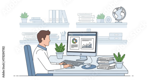 A person working at a computer in an office environment with shelves filled with books and plants