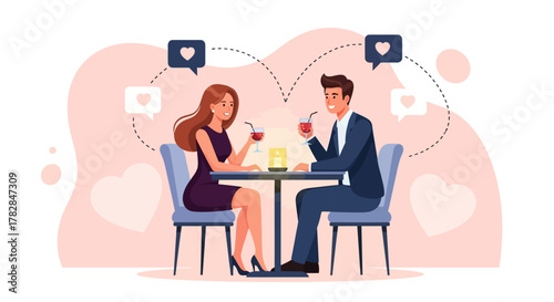 A Couple on a Date at a Restaurant Enjoying Drinks and Conversation with Heart Icons