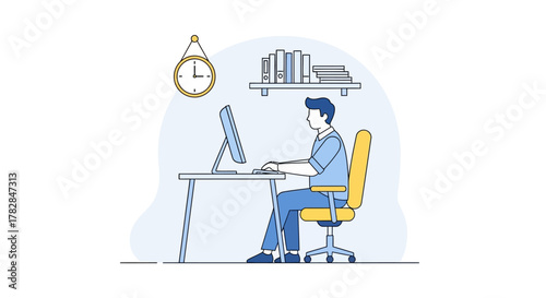 Man working at a computer on a desk with books in the background, illustrating a home office setup or remote work scenario