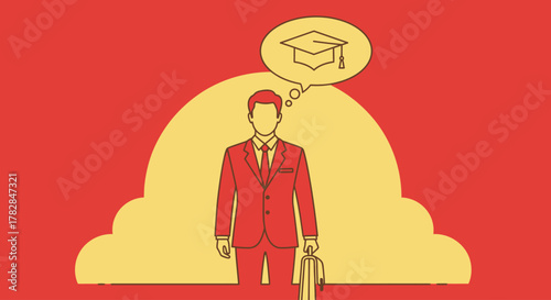 Educated professional contemplating career advancement and further learning opportunities symbolized by graduation cap in thought bubble