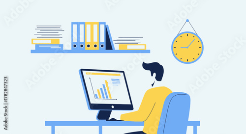 Man working on a computer with a chart on screen, surrounded by office supplies and a wall clock