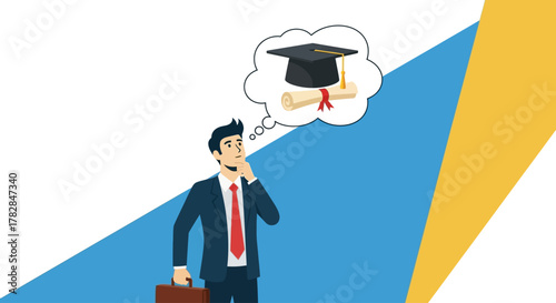 A business professional contemplates higher education, visualizing a graduation cap and diploma in a thought bubble, representing aspirations for academic achievement and career advancement