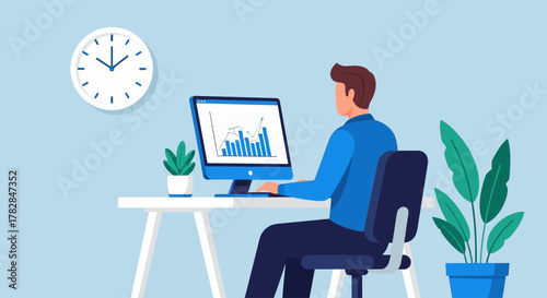 Man sitting at a desk working on a computer with charts and graphs displayed, office environment