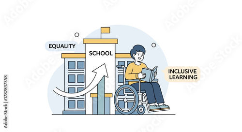 Inclusive education and equality in schools represented by a student in a wheelchair and a school building