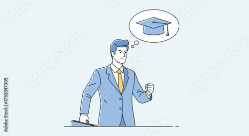 A businessman in a suit is contemplating pursuing higher education or a new career path represented by a graduation cap in his thought bubble