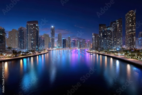 Wallpaper Mural Dubai skyline illuminated by colorful lights reflecting on the water at night Torontodigital.ca
