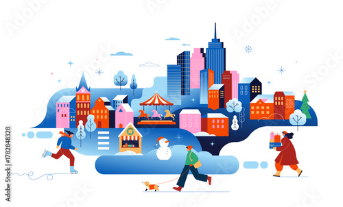 Winter in the city colorful geometric Christmas background.