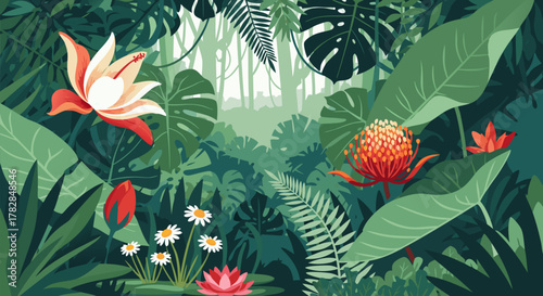 Lush jungle paradise illustration with dense green foliage, exotic tropical flowers, and a serene forest background vector
