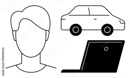Head outline, sedan car, and laptop icon in flat style. Ideal for technology, mobility, communication, work, travel innovation and user connection. Simple flat metaphor