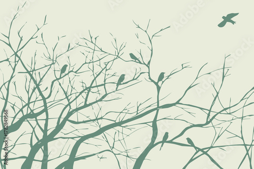 bird minimalist silhouette composition of branch and perched birds